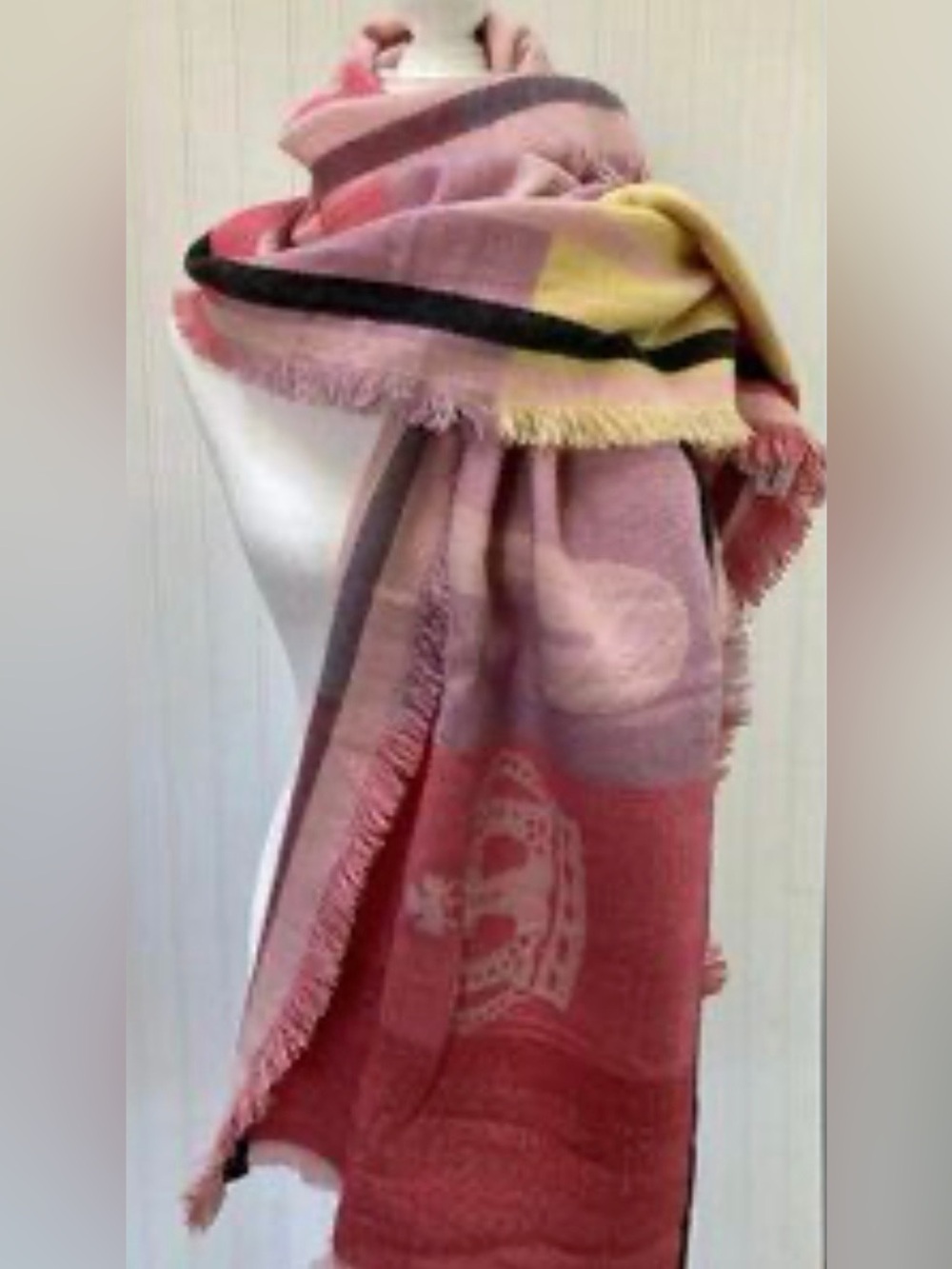 Juicy Couture Pink Multi-Striped Fringe Scarf with Yellow Accent
